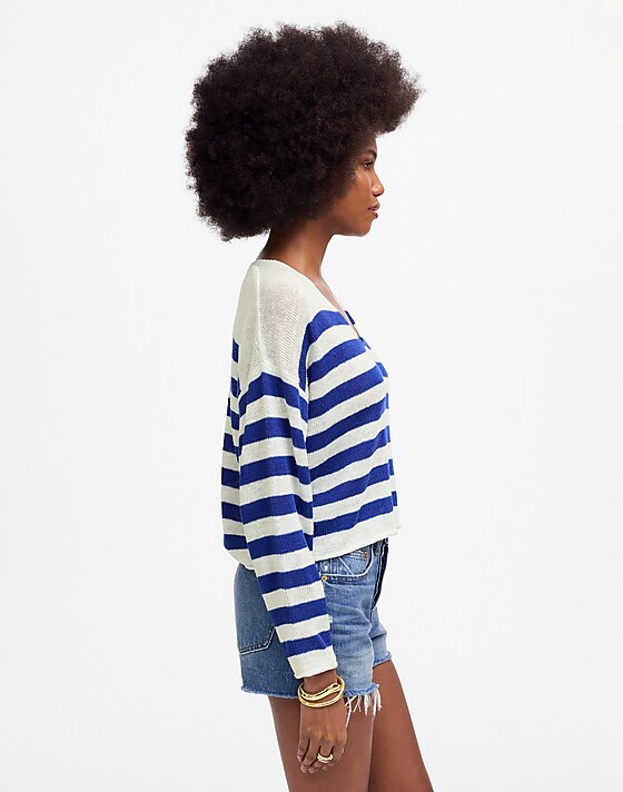 Madewell Linen V-Neck Sweater Sapphire Stripe