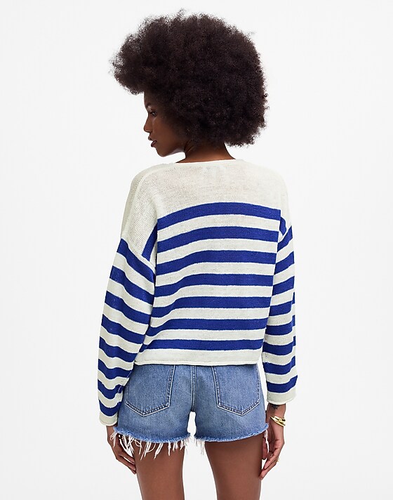 Madewell Linen V-Neck Sweater Sapphire Stripe