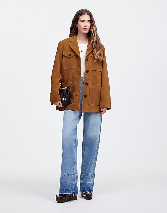 Madewell Long Chore Blazer In Suede Aged Cognac