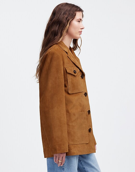 Madewell Long Chore Blazer In Suede Aged Cognac