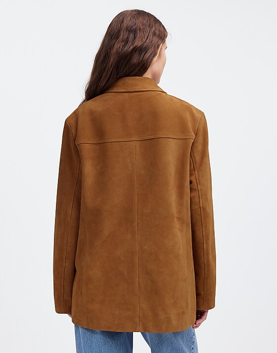 Madewell Long Chore Blazer In Suede Aged Cognac