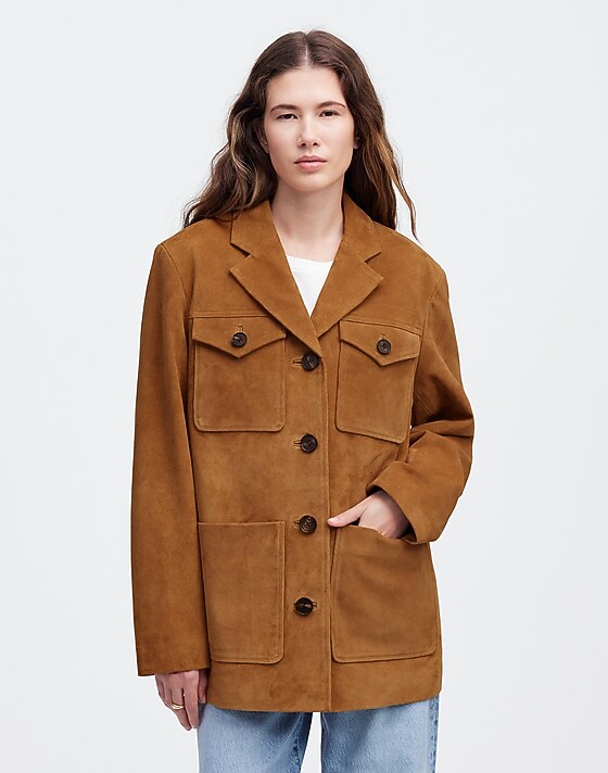 madewell Long Chore Blazer in Suede aged cognac