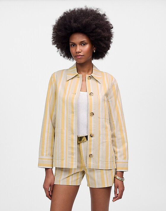 Madewell Long Chore Jacket In Stripe Poplar Yellow