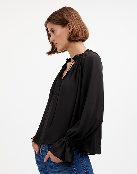 Madewell Long-Sleeve Tie-Neck Top True Black