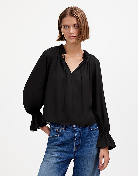 madewell Long-Sleeve Tie-Neck Top true black