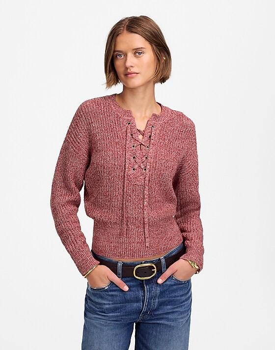 Madewell Marled Ribbed Lace-Up Sweater Red Marl