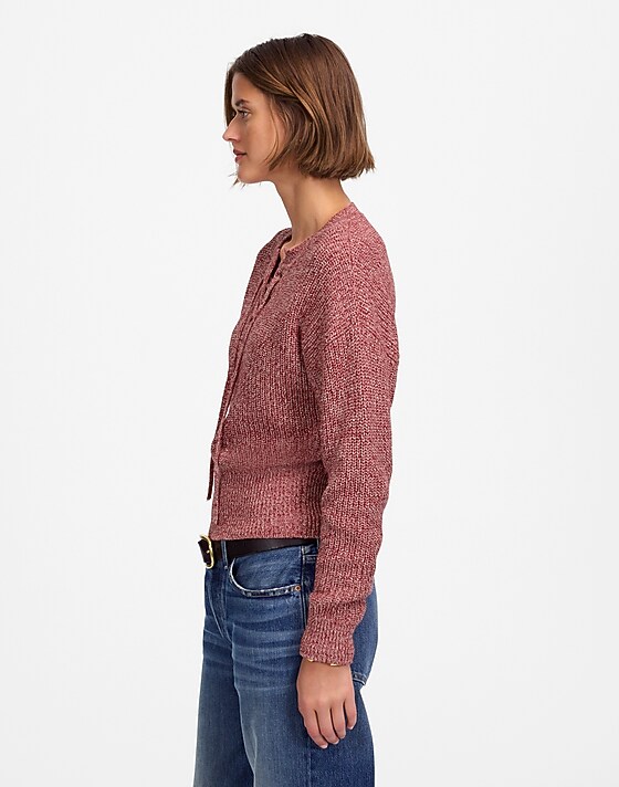 Madewell Marled Ribbed Lace-Up Sweater Red Marl