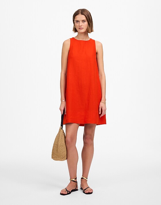 Madewell Mini Shift Dress In Linen Bright Flame