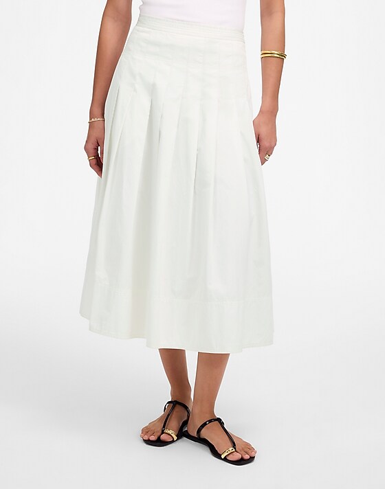 Madewell Pleated Midi Skirt In Cotton Poplin White