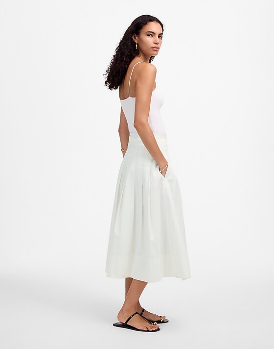 Madewell Pleated Midi Skirt In Cotton Poplin White