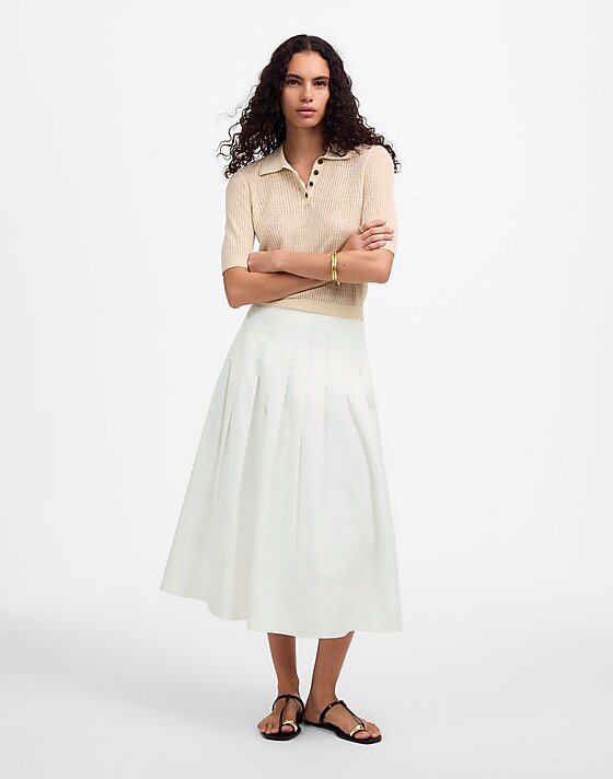madewell Pleated Midi Skirt in Cotton Poplin white