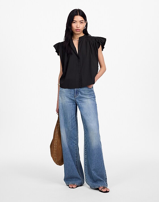 Madewell Poplin Shirred Button-Up Shirt Jet Black