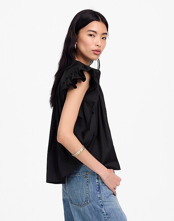 Madewell Poplin Shirred Button-Up Shirt Jet Black