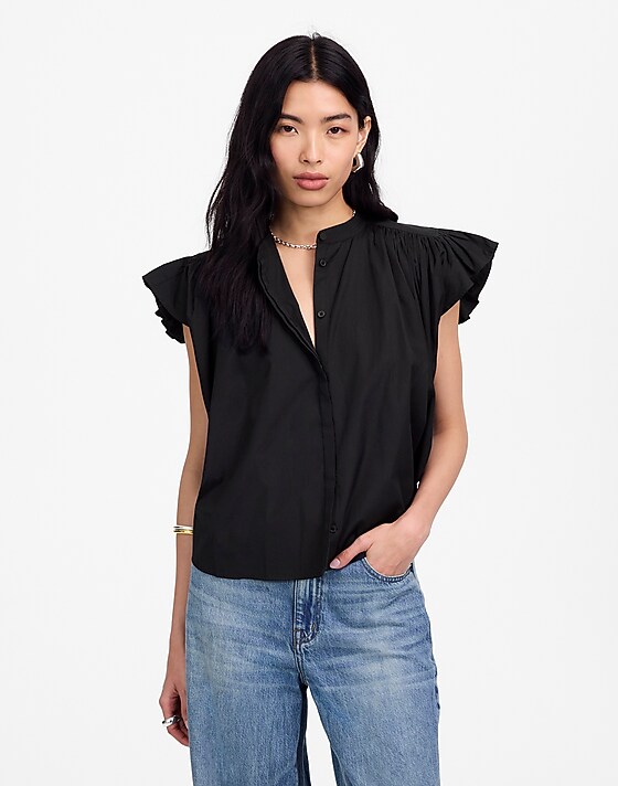 madewell Poplin Shirred Button-Up Shirt jet black