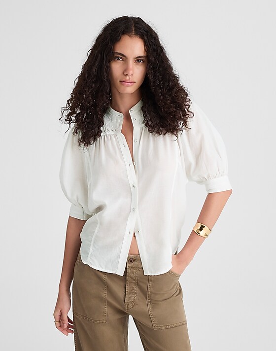 Madewell Puff-Sleeve Band-Collar Shirt White