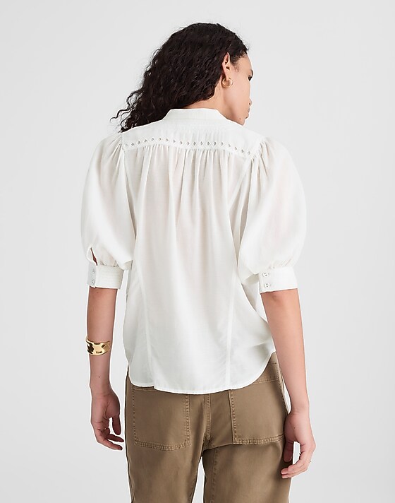 Madewell Puff-Sleeve Band-Collar Shirt White