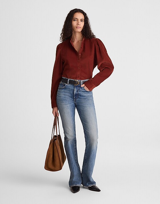 Madewell Puff-Sleeve Button-Up Shirt Deep Redwood