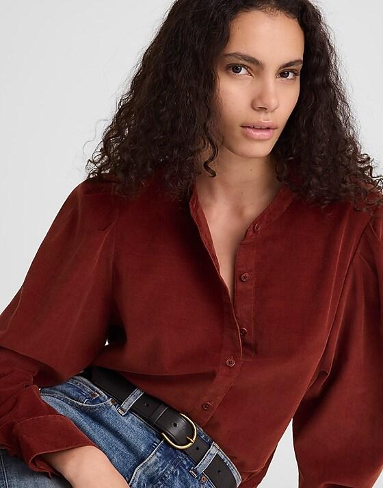 madewell Puff-Sleeve Button-Up Shirt deep redwood