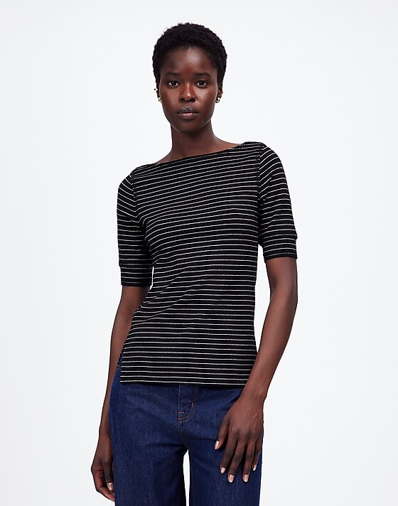 Madewell Ribbed Boatneck Tee In Stripe Jet Black