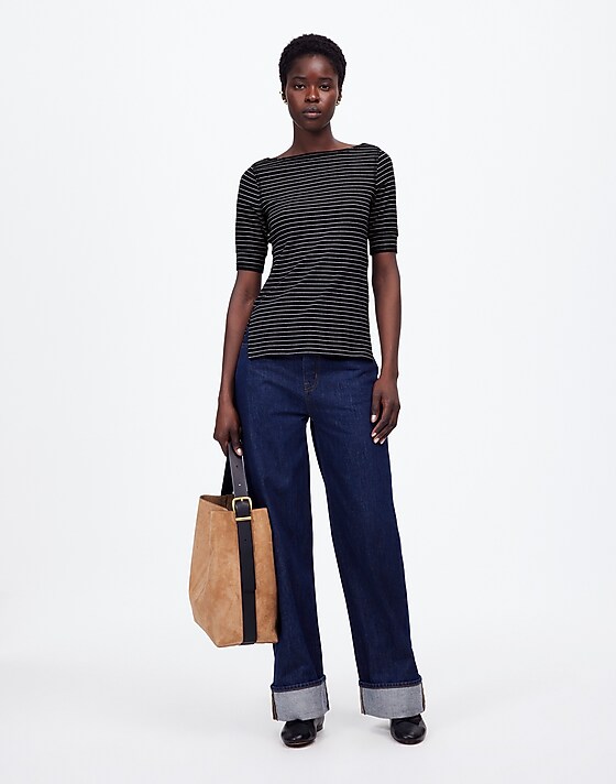 madewell Ribbed Boatneck Tee in Stripe jet black