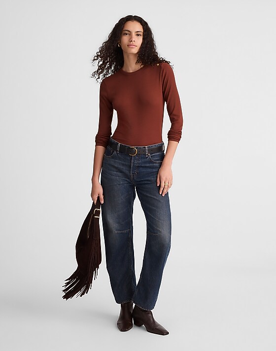 Madewell Ribbed Button Crewneck Tee Deep Redwood