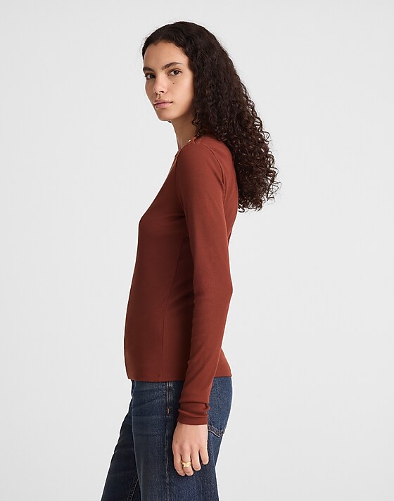 Madewell Ribbed Button Crewneck Tee Deep Redwood
