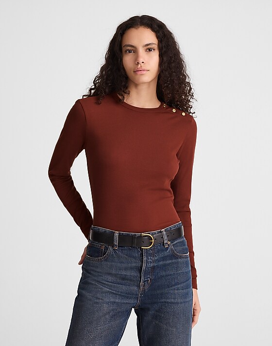madewell Ribbed Button Crewneck Tee deep redwood