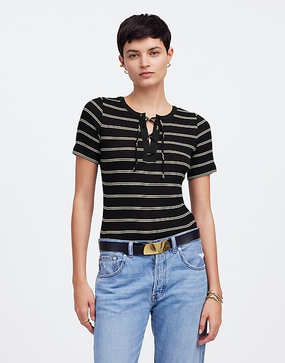 madewell Ribbed Lace-Up Short-Sleeve Tee jet black