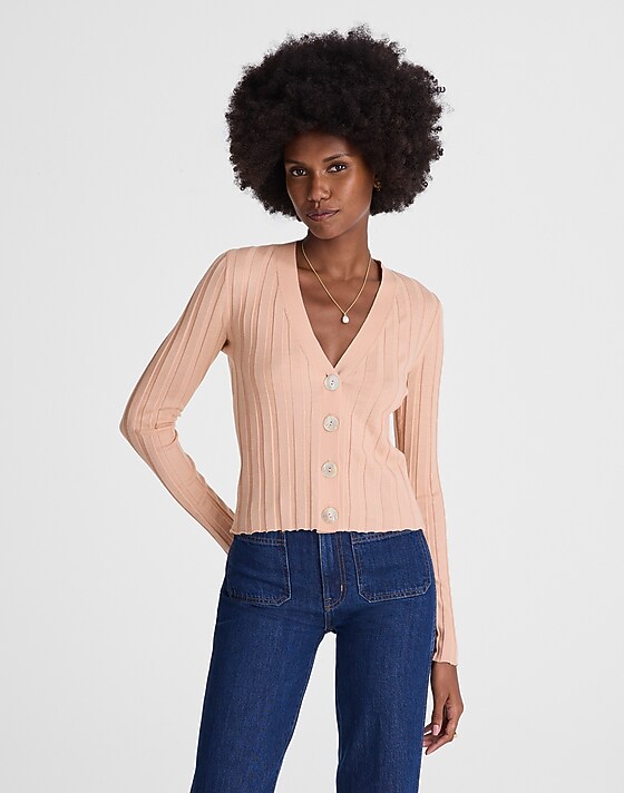 madewell Ribbed V-Neck Cardigan light pale blush