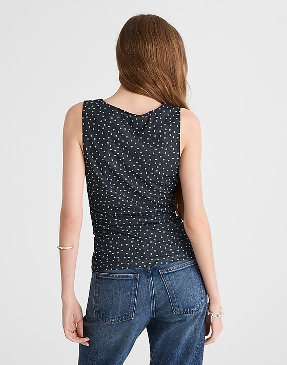 Madewell Ruched Mesh Top In Polka Dot True Black