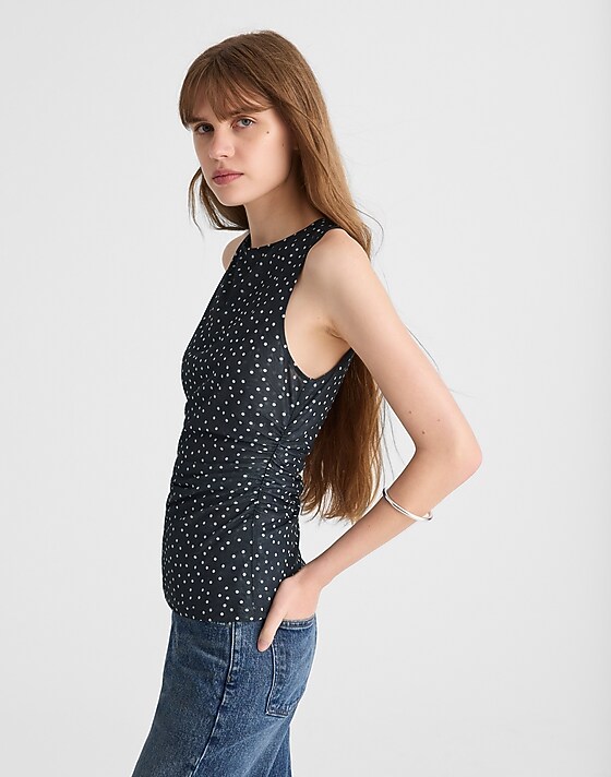 Madewell Ruched Mesh Top In Polka Dot True Black