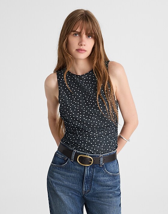 madewell Ruched Mesh Top in Polka Dot true black