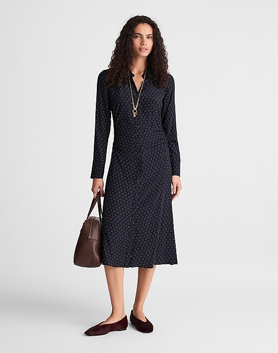 madewell Ruched Midi Shirtdress navy foulard
