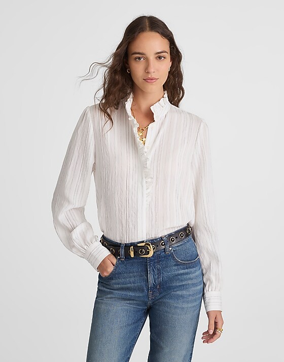 madewell Ruffled Button-Up Top airy multi stripe