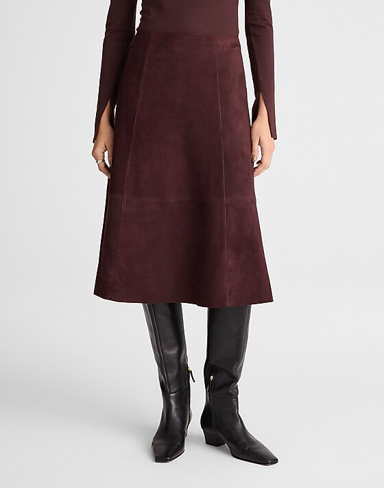Madewell Seamed Midi Skirt In Suede Deep Plum