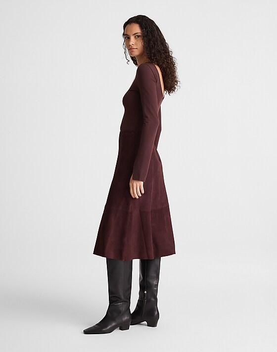 Madewell Seamed Midi Skirt In Suede Deep Plum