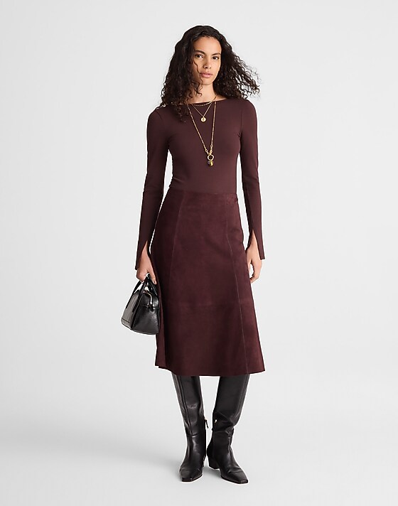 madewell Seamed Midi Skirt in Suede deep plum