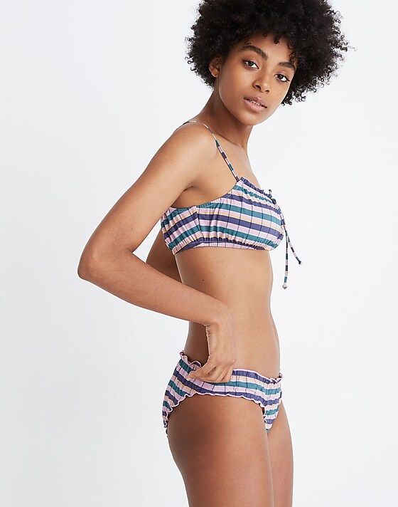 madewell Madewell Second Wave Ruffled Bikini Bottom in Plaid swim plaid lavender mist