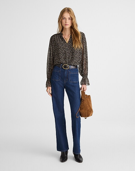 Madewell Semi-Sheer Split-Neck Top Jet Black