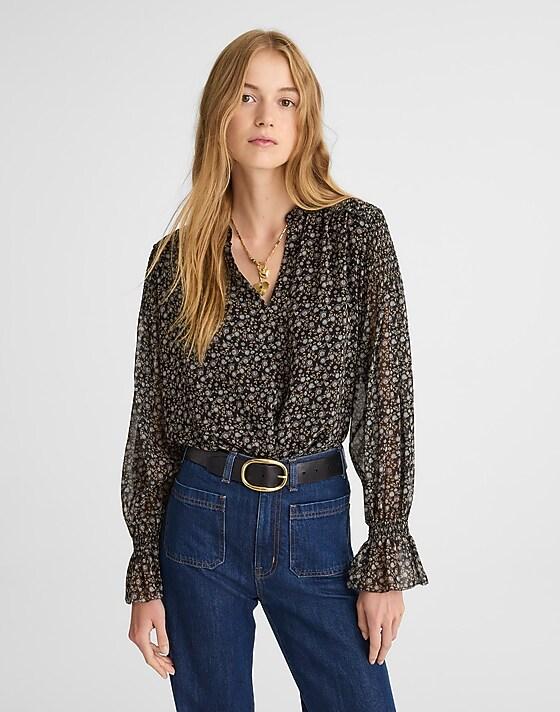 madewell Semi-Sheer Split-Neck Top jet black