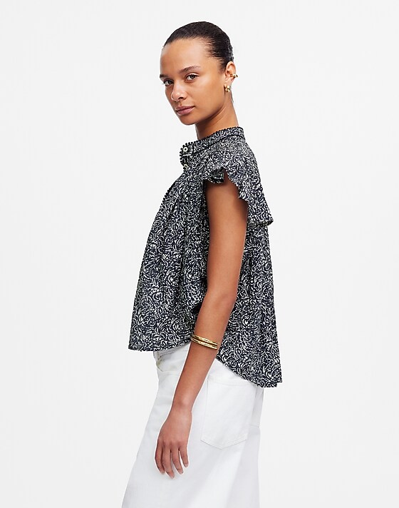 Madewell Shirred Lace-Trim Top Night Indigo