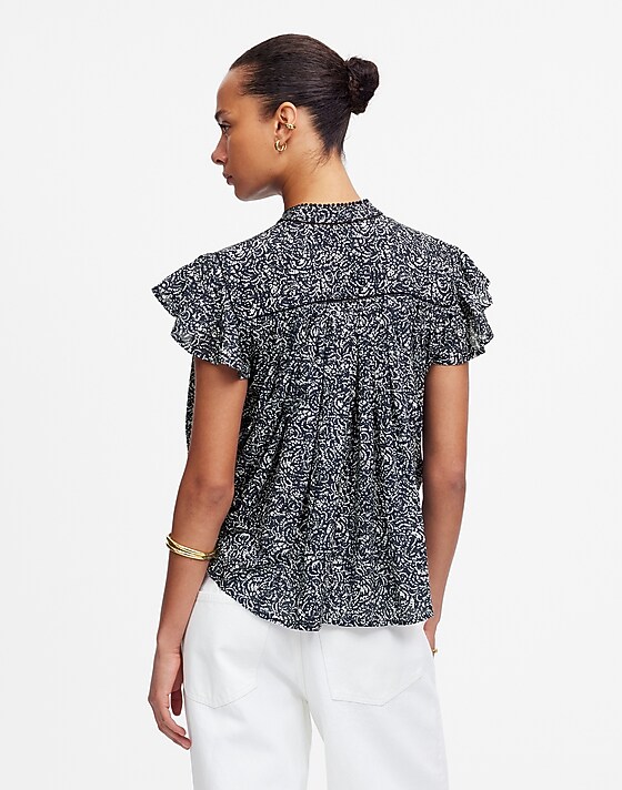 Madewell Shirred Lace-Trim Top Night Indigo