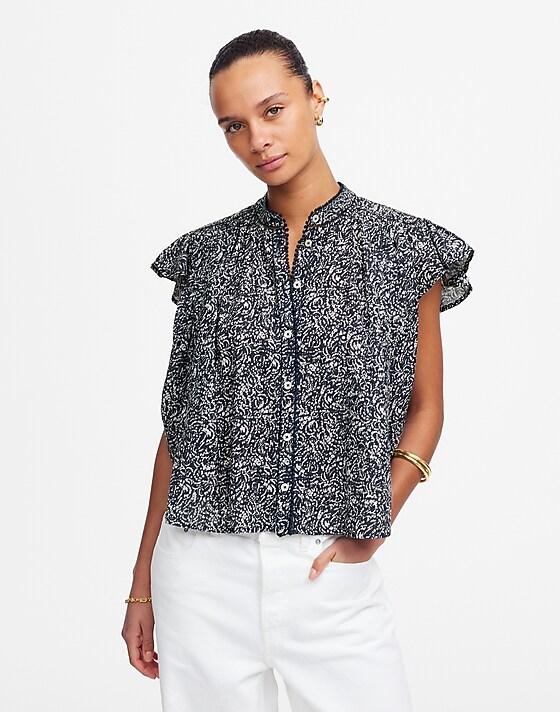 madewell Shirred Lace-Trim Top night indigo