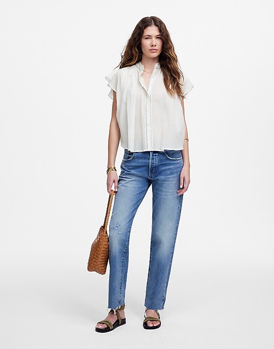 Madewell Shirred Lace-Trim Top White