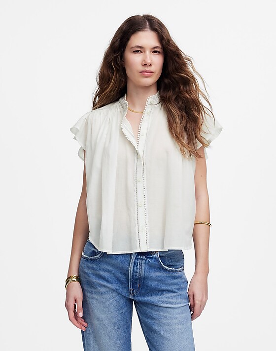 madewell Shirred Lace-Trim Top white