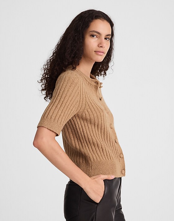 Madewell Short Puff-Sleeve Cardigan Hthr Caramel