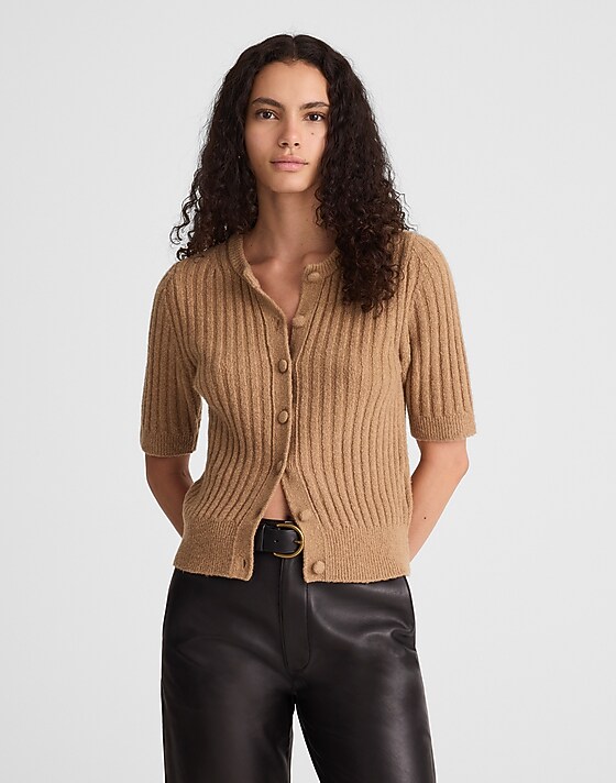 madewell Short Puff-Sleeve Cardigan hthr caramel