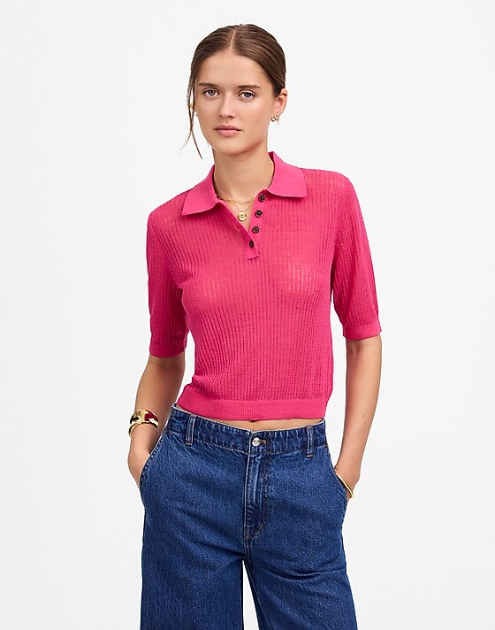 madewell Short-Sleeve Polo Sweater Tee bright pink