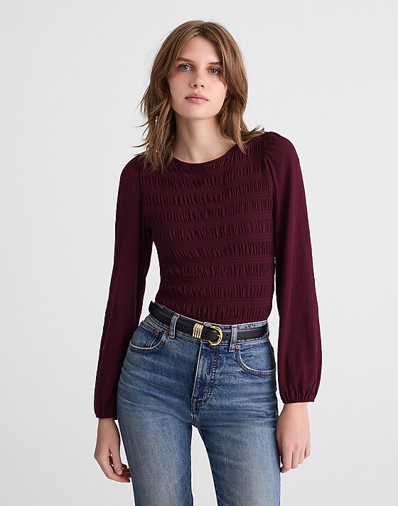 madewell Smocked Boatneck Top dark pomegranate