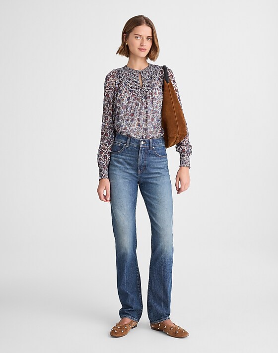 Madewell Smocked Split Crewneck Top Cherry Red